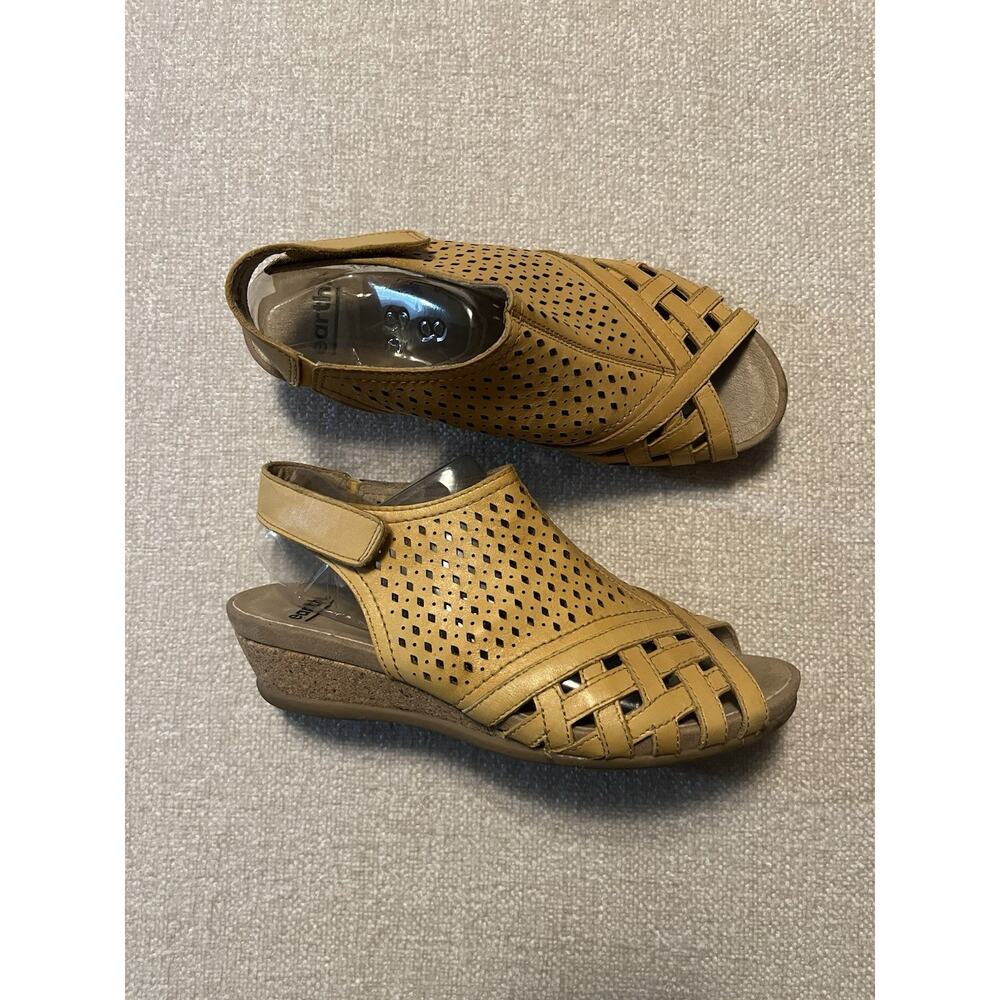 Earth Leather Perforated Wedge Cork Sandals Pisa Galli 7.5 Wide Amber Yellow